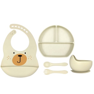 Juego de alimentación de silicona para bebé, plato de succión impreso, tazón, cuchara, platos de bebé, logotipo personalizado, 5 uds., listo para enviar - Product Image 1