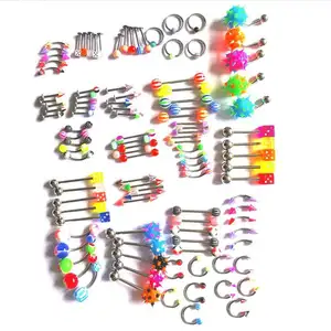 VRIUA 105Pcs/Set Mix Acrylic Stainless Steel Eyebrow Navel Belly Lip Tongue Ring Nose Bar Rings Body Piercing Jewelry