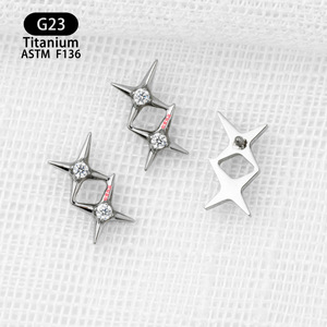 ต่างหูไทเทเนียม ASTM F136 รูปดาวคู่ประดับเพชรซิร์คอนแบบหนีบ สำหรับเจาะกระดูกหู - Product Image 3