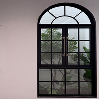 Ventana Abatible Arqueada Francesa Personalizada, de Aluminio, con Doble Acristalamiento Templado, Diseño de Rejilla, para Dormitorio o Baño de Villa