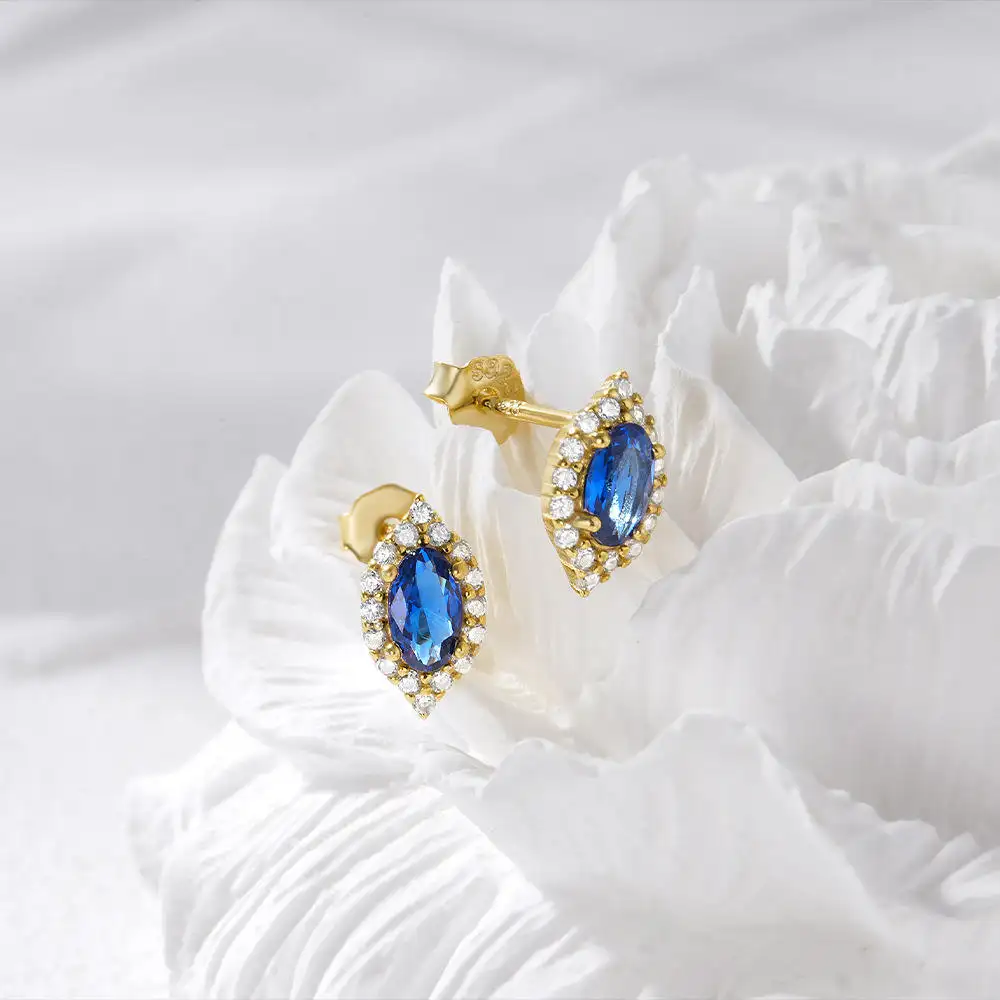 Tren mewah 925 perak murni perhiasan 18k berlapis emas marquise potongan biru hijau berlian kancing anting-anting untuk wanita