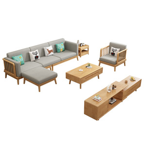 Juego de sofá modular en forma de L de madera maciza y tela para sala de estar, color madera natural, con otomana y silla - Product Image 4