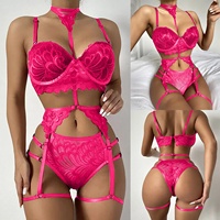 Ensemble de lingerie sexy trois pièces TJ en spandex avec porte-jarretelles et dentelle, col licou, vente directe usine