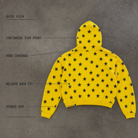 Sweat à capuche unisexe épais à fermeture éclair avec imprimé étoiles, style streetwear jaune, personnalisable OEM ODM, vente en gros