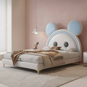 Cama Infantil con Forma de Ratón de Dibujos Animados, Cama Tapizada de Alta Gama para Niños, Diseño Moderno, Juego de Cama Doble de Madera Blanca y Rosa - Product Image 2