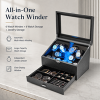 Boîte à remontoir automatique pour 6 montres avec 6 emplacements de rangement, lumière LED bleue, tiroir à bijoux en cuir PU avec serrure et clé