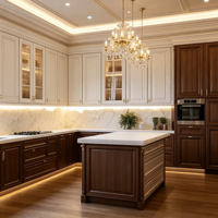 Armoires de cuisine classiques en bois de noyer avec finition de luxe en marbre blanc crème et moulures décoratives pour projets sur mesure en gros