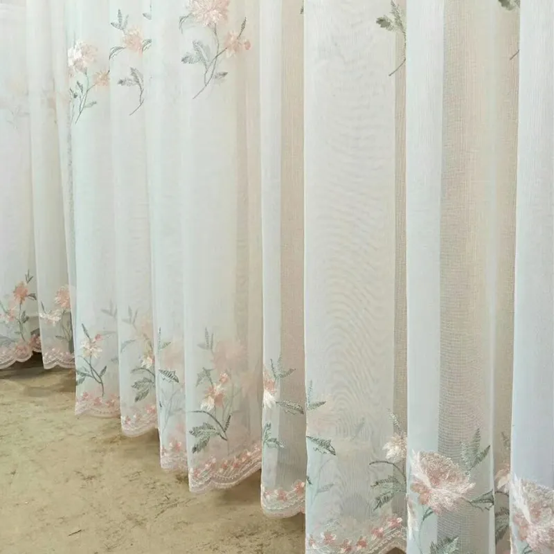 Grosir Pabrik Mewah Biru Merah Muda Bordir Tirai Bunga Desain Modern Tirai Voile Tirai Tipis UNTUK KAMAR
