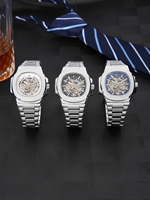 Montre squelette mécanique en acier inoxydable, verre de haute qualité, montre-bracelet automatique de luxe personnalisée pour homme, squelette professionnel