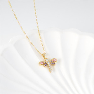 Collar con colgante de libélula de circonita morada y rosa en plata de ley S925, versión de cobre personalizable, con temática animal para mujer - Product Image 3