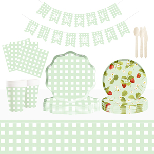 Juego de Vajilla Desechable DAMAI para Fiesta de Fresas, Platos, Vasos y Servilletas de Papel, Decoración de Cumpleaños, Diseño a Cuadros Verdes, 100 Piezas - Product Image 2