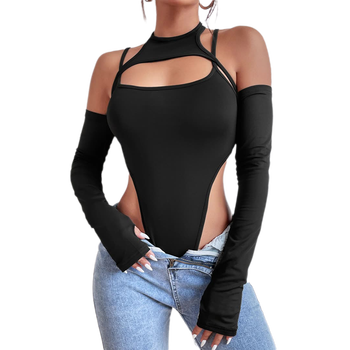 Wholesale price ladies fashion black long sleeve bodysuit for women sexy halter off shoulder top