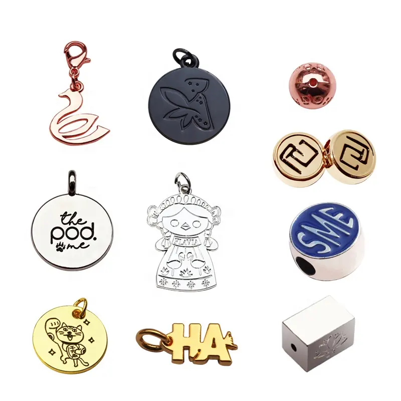 Bán Buôn Khắc Thương Hiệu Logo Tùy Chỉnh Kim Loại Tags Charm Pendant Đối Với Trang Sức