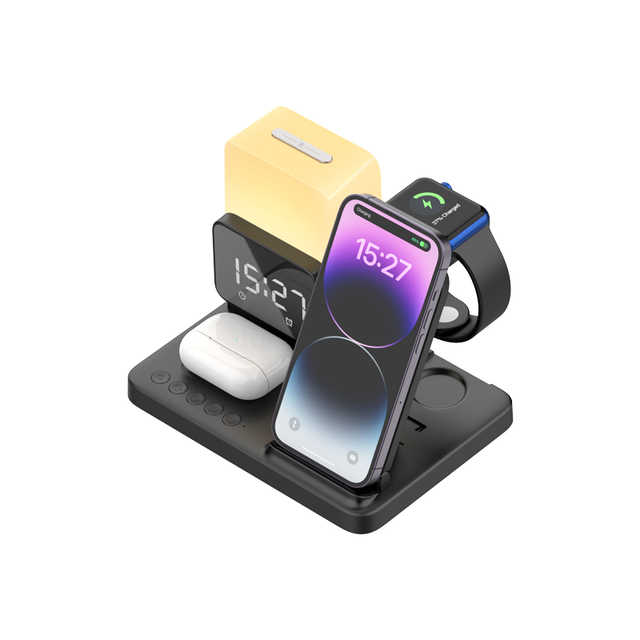 2024 Hot Selling 6in1 Multifunctional Phone Holder Digital Alarm Clock Wireless Charger with LED Light PD 10W