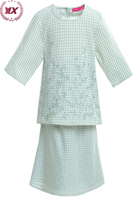 Robe modeste pour enfants musulmans, vert menthe à carreaux et broderie <span class=keywords><strong>de</strong></span> feuilles, Baju Kurung - Product Image 4