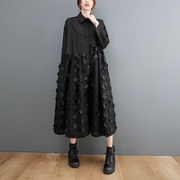Nouvelle Robe Longue Femme Printemps 2026 Noire en Gros avec Pompons 3D, Jupe Texturée, Boutons sur le Devant, Grande Taille, Manches Longues