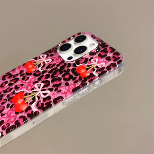 Glitter Leopard Bow Cherry Mobile Phone case for iPhone 17 16 15 14 13 Pro Max charms Love IMD Chain pink PC back <b>Cover</b> New - Product Image 6
