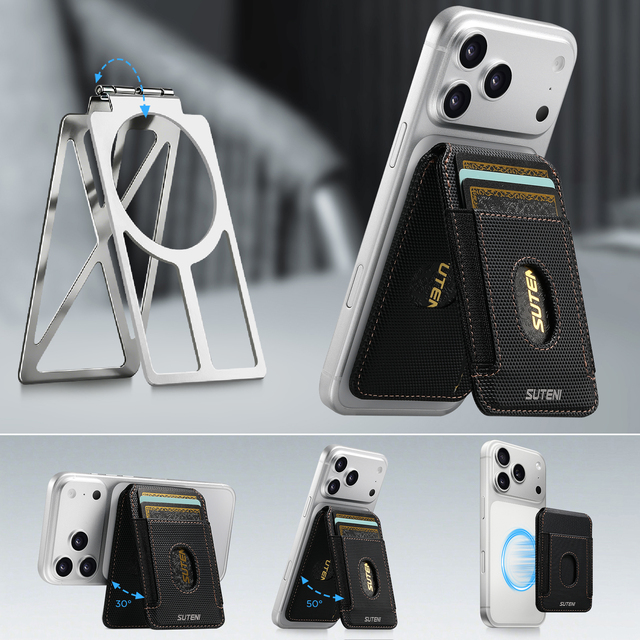 Magnetic Card Holder With Metal Pivot Kickstand, RFID Blocking PU Leather Phone Card Wallet for iPhone 18 Pro Max Samsung google