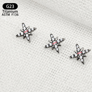 Boucles d'oreilles étoile en titane ASTM F136, entièrement serties de diamants, clous à quatre branches pour piercing du cartilage de l'oreille ou des lèvres - Product Image 2