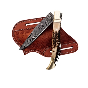 Couteau pliant artisanal en acier Damas, couteau de poche pliant avec manche en corne de cerf et étui en cuir - Product Image 1