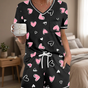 Women's <b>Black</b> Pink Heart Print Short Sleeve V-Neck <b>Pajama</b> <b>Set</b> With Drawstring Shorts Casual Sleepwear Jersey Fabric Summer Wear - Product Image 2