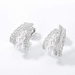 Boucles d'oreilles grimpantes en <span class=keywords><strong>argent</strong></span> sterling S925 avec grappe de perles coquillages et accent CZ, style vintage, filigrane dentelle, pour mariée, pour femme - Product Image 2