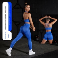 Ensemble de sport et yoga quatre pièces sans couture pour femme, col halter et décolleté en V, taille haute avec décoration en cristal, qualité supérieure