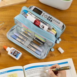 Trousse à crayons en tissu de grande capacité, 3 compartiments, fermeture à glissière, pochette à stylos, organisateur multifonctionnel pour l'école - Product Image 4