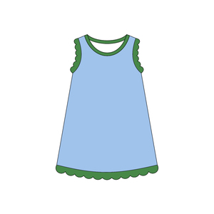 Robe d'été personnalisée GSD4061 pour bébé fille, bleu uni avec imprimé festonné jaune, sans manches, respirante, longueur genou, vente en gros pour enfants - Product Image 4
