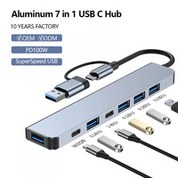 Hub USB-C 7 en 1 con Aleación de Aluminio, Puertos USB 3.0 y 4 USB 2.0, Estación de Acoplamiento Tipo-C 2.0 para Laptops - En Stock
