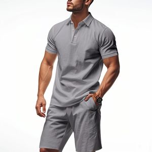 Soldes d'été : Ensemble décontracté en lin pour <span class=keywords><strong>homme</strong></span> - Chemise à manches courtes et short à taille élastique longueur genou, respirant et confortable - Product Image 3