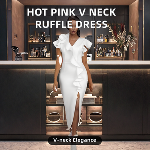 Vestidos de cóctel de verano para mujer de Luxe Enterprises, con cuello en V, manga corta, color rosa intenso, corte ajustado, maxi, con volantes. - Product Image 2