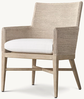 Fauteuil de salle à manger en chêne clair délavé avec cadre enveloppé et coussin rembourré en mélange de lin, chaise d'appoint moderne pour salle à manger de style côtier