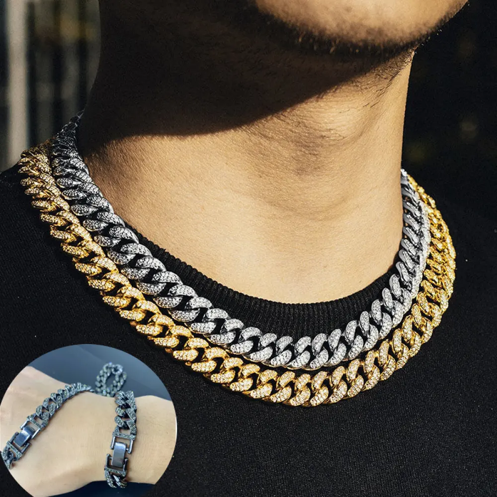 Chain Necklace Men Hip Hop Fashion Jewelry Wholesale Gold Plated Miami Cadena Cubana Men Cz Diamond Iced Out Necklaces Cuban Link Chain