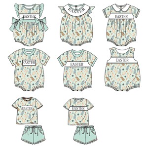 Vêtements pour enfants personnalisés Qingli OEM, vêtements pour bébés filles de haute qualité, smocks à bulles faits à la main, imprimé lapin et œufs de Pâques - Product Image 2