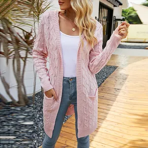 Outono Inverno Bolso Com Capuz Camisola Longa Solta Cardigan Casual Casaco De Camisola De Cardigan De Malha Feminina