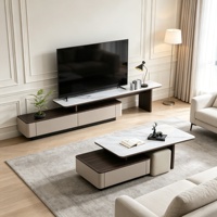 Ensemble moderne de meuble TV et table basse en bois avec tabourets et tiroirs de rangement, placage bois, mobilier de salon, vente en gros