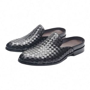 Mocasines Negros de Cuero Tejido con Punta en Pico, Zapatos de Vestir para Hombre, para Todas las Temporadas, Parte Superior de Cuero Genuino, Suela de Goma - Product Image 2