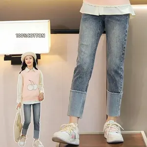 autumn Slim fitting straight tube girl jeans made old washed rolled edge cropped bamboo knot jeans trousers for little girls