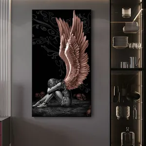 现代魔鬼天使女孩灰色翅膀帆布画印刷壁画艺术抽象画客厅家居装饰海报