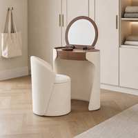 Ensemble de coiffeuse moderne en cuir blanc crème courbé avec miroir rond relevable et tabouret de rangement SZT075