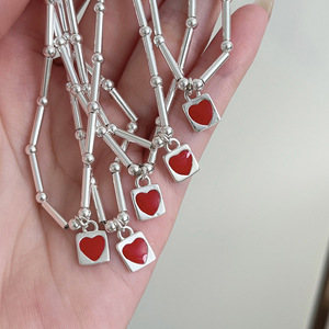 Bracelet à breloques en forme de cœur en argent Sterling S925 pour femmes, pendentif carré rouge, bijoux à porter au quotidien - Product Image 3