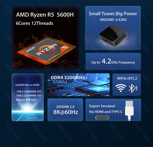 Mini Tree AMD R5 5600H <span class=keywords><strong>CPU</strong></span> Nuevo Mini PC sin ventilador Win10 Win11 DDR4 16GB RAM 512GB SSD NVME WIFI6 BT5.2 HD2.0 USB3.0 NUC PC Gamer - Product Image 4