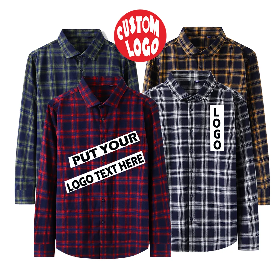 Wholesale Factory Custom Logo Embroidery Cotton Men Casual Oversize Button Down Kemeja Flannel Shirts Plaid Long Sleeve Shirt