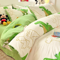 Parure de Lit Grand Lit 4 Pièces en Pur Coton Bleu Dessin Animé, Housse de Couette, Drap de Lit et Drap Housse Imprimés