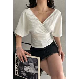 Blusa elegante de punto con cuello en V para mujer, top elástico de manga corta con lazo, para uso diario, color blanco - Product Image 4