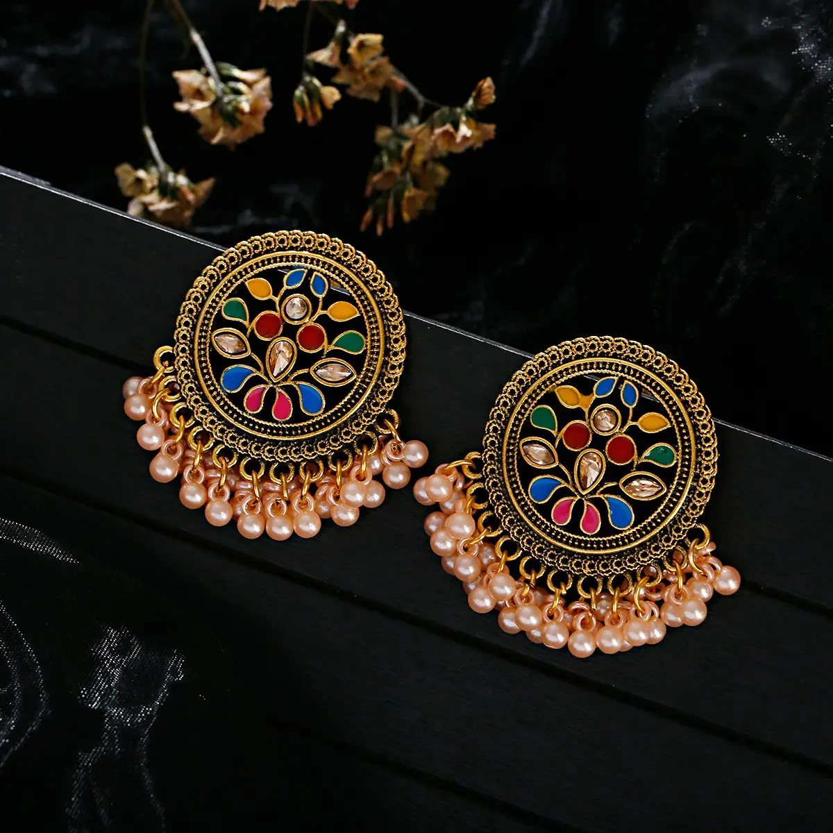 Women's Blue Flower Wedding Earrings Retro Ethnic Gold Round Hollow Alloy Pearl Beads Jhumka Earrings Jewellery
