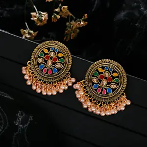 Boucles d'oreilles rétro pour femmes, bijoux en forme de fleurs bleues, de style ethnique, rondes, en alliage de perles, Jhumka, été,