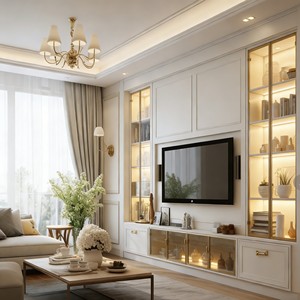 Meuble TV encastré moderne de luxe sur mesure, design en bois massif blanc avec étagères ouvertes et quincaillerie en laiton pour la maison - Product Image 2