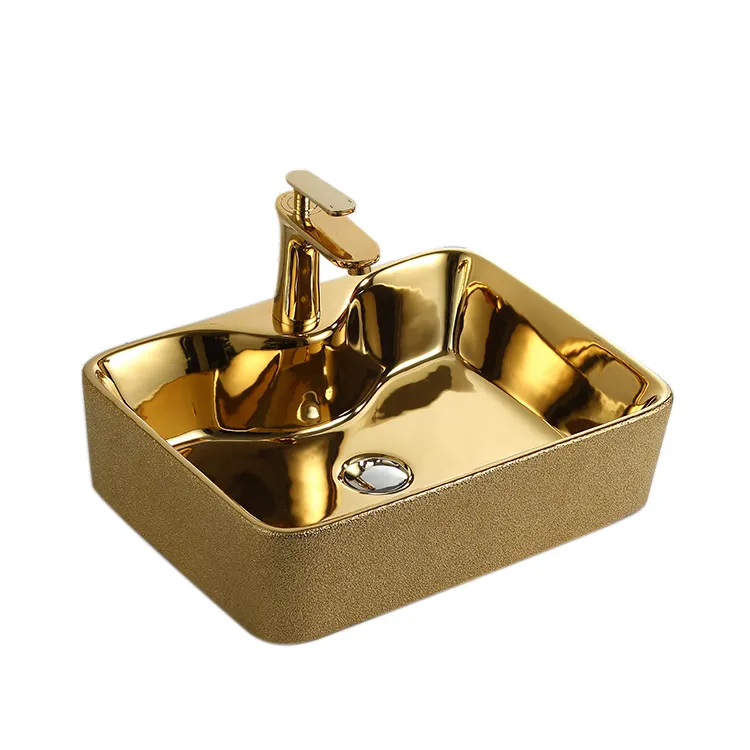 Hand and Face Washing Ceramic Art Sink Gold Colored Countertop Basin Bathroom Rectangular Porcelain Vessel with Faucet Hole